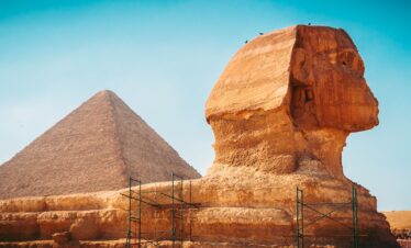 Ancient Sphinx and the great pyramid of Giza in Egypt.